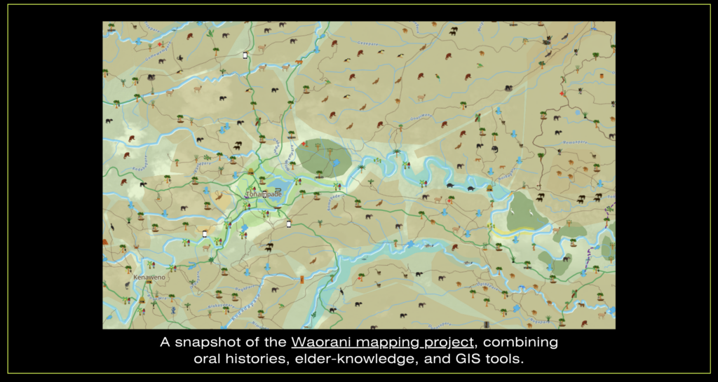 A digital map showing a detailed geographic area associated with the Waorani mapping project. It features rivers, green tree icons, animal illustrations, and symbols representing land and resource use. The map integrates cultural and ecological data, emphasizing oral histories and elder knowledge combined with GIS tools.
